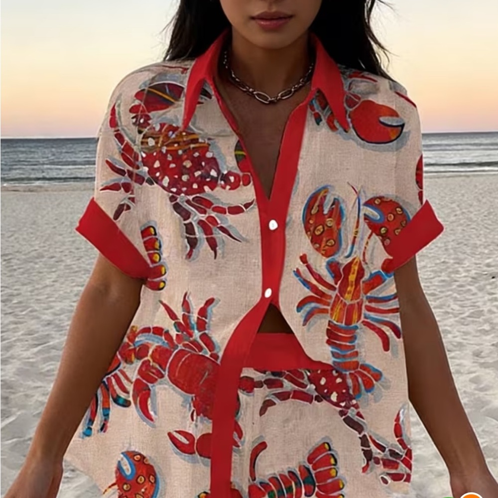 SHEIN Red Trim Beige Button-Down Top with Crab Print